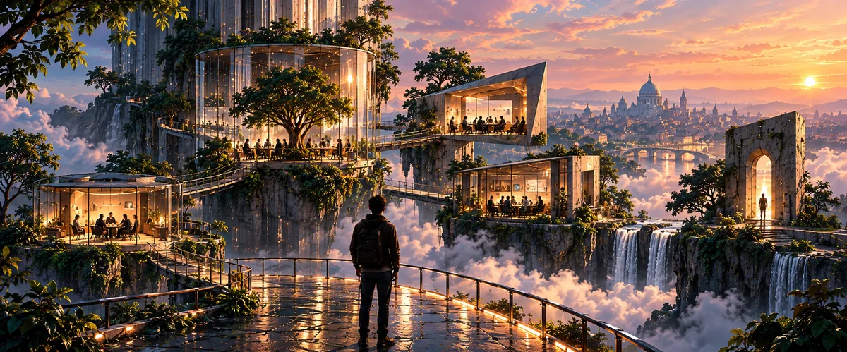 Concept visualisation: glass pavilions and bridges above a sea of cloud at sunset. Not a real site.